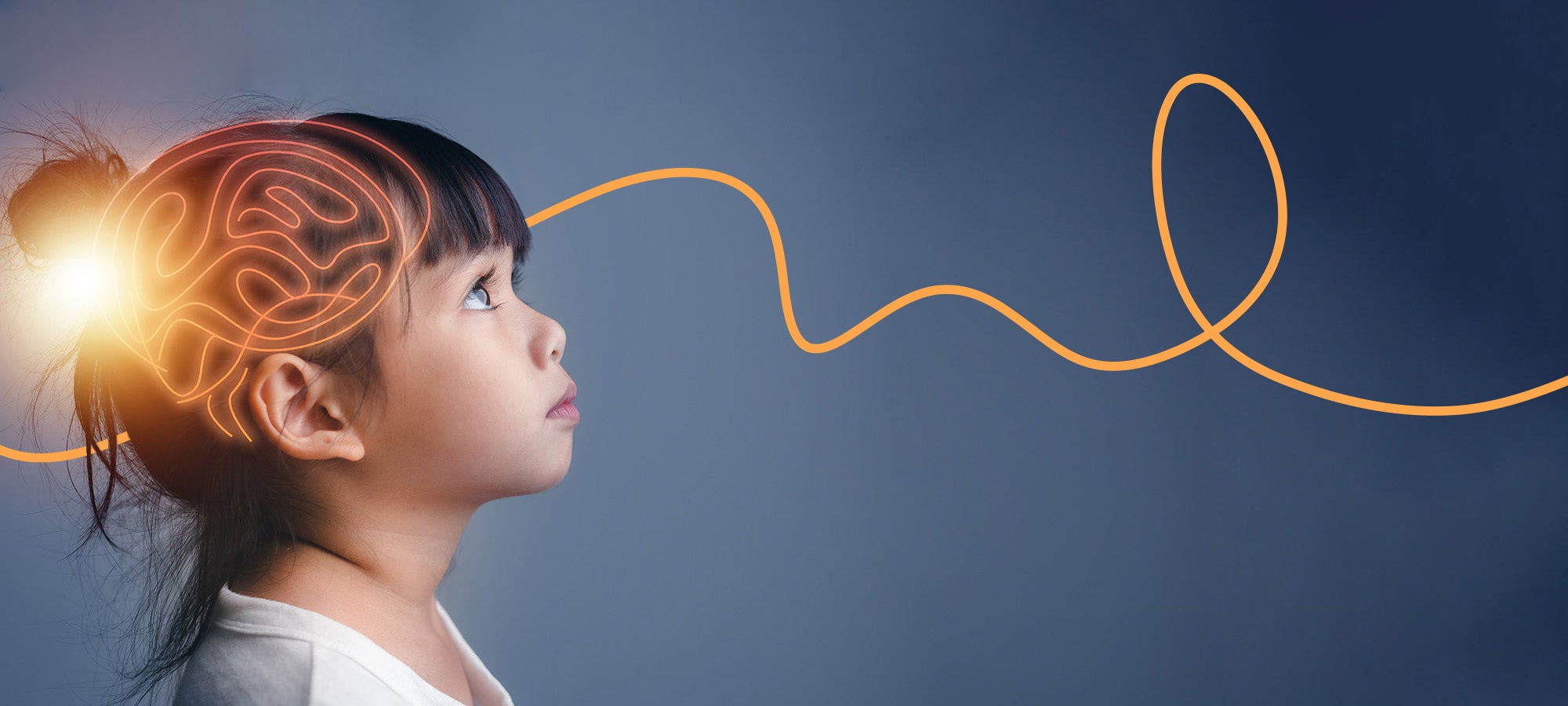 A photoillustration of a child with their brain highlighted to represent innovation; a line has been added for visual effect