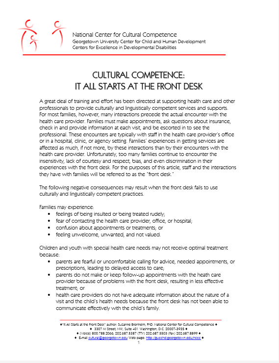 Screenshot of "Cultural Competence: It All Starts at the Front Desk" resource.