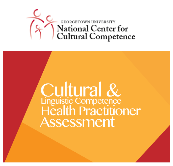 Georgetown University National Center for Cultural Competence logo and title page. The logo features stylized red figures representing people in motion. Below is a colorful geometric design in red and orange/yellow gradients with white text reading 'Cultural & Linguistic Competence Health Practitioner Assessment'.