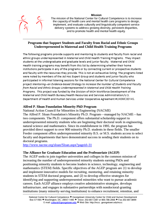 Screenshot of "Programs that Support Students and Faculty from Racial and Ethnic Groups Underrepresented in Maternal and Child Health Training Programs" resource.