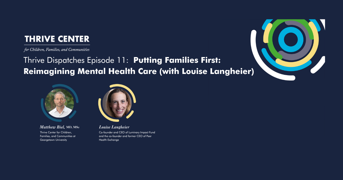 Podcast episode artwork for Thrive Dispatches Episode 11 titled 'Putting Families First: Reimagining Mental Health Care (with Louise Langheier)'. The image features two circular headshots - one of Matthew Biel, MD, MSc, from Thrive Center for Children, Families, and Communities at Georgetown University, and another of Louise Langheier, Co-founder and CEO of Luminary Impact Fund and the co-founder and former CEO of Peer Health Exchange. The Thrive Center logo appears in the top right corner with its distinctive circular design in blue, green, and yellow colors. The background is a dark navy blue.