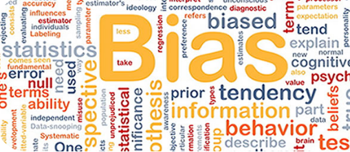 This image is a word cloud focused on the concept of "Bias" with the word "Bias" prominently displayed in large orange letters at the center. The word cloud contains various related terms in different sizes and colors, including words like "statistics," "cognitive," "tendency," "information," "estimator," "accuracy," "diagnostic," "correspondence," "ideology," "systematic," "prior," "error," "data," "test," "explain," "psychology," "fundamental," and "describe."