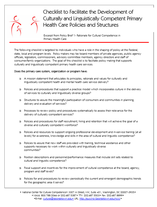 Screenshot of "Checklist to Facilitate the Development of Culturally and Linguistically Competent Primary Health Care Policies and Structures" resource.