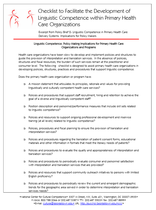 Screenshot of "Checklist to Facilitate the Development of Linguistic Competence within Primary Health Care Organizations" resources.