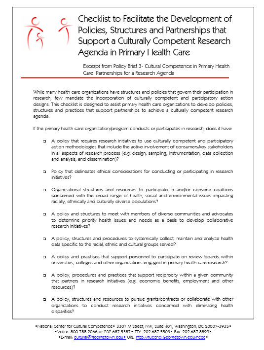 Screenshot of "Checklist to Facilitate the Development of Policies, Structures and Partnerships that Support a Culturally Competent Research Agenda in Primary Health Care" resource.