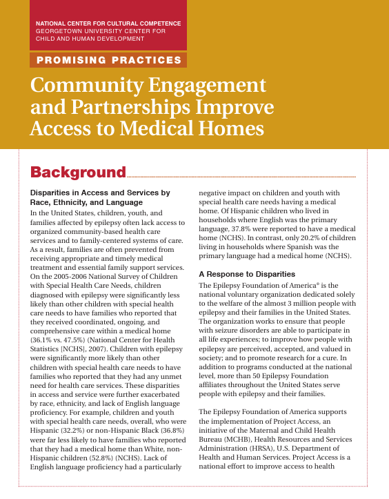 Screenshot of "Promising Practices: Community Engagement and Partnerships Improve Access to Medical Homes" resource.