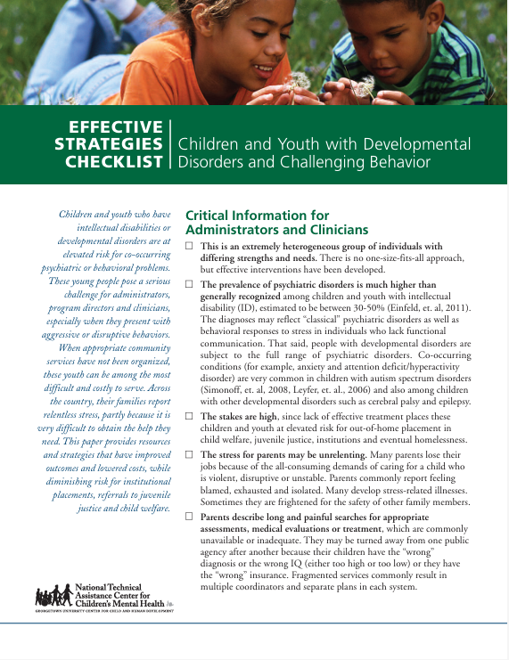 Screenshot for "Effective Strategies Checklist: Children and Youth with Developmental Disorders and Challenging Behavior" resource.