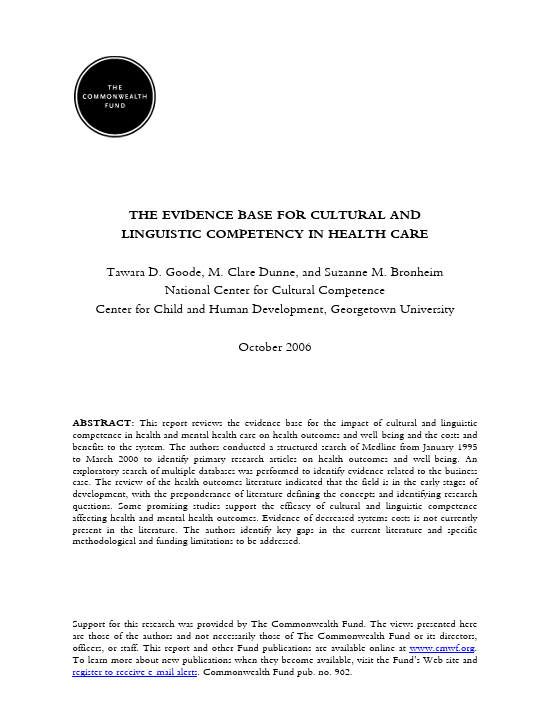 Screenshot for "The Evidence Base for Cultural and Linguistic Competency in Health Care" resource.