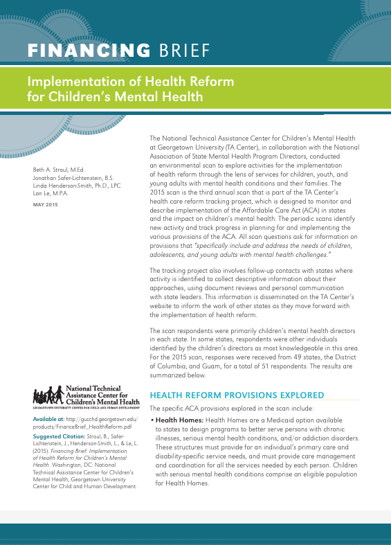 Screenshot of "Financing Brief: Implementation of Health Reform for Children’s Mental Health" resource.