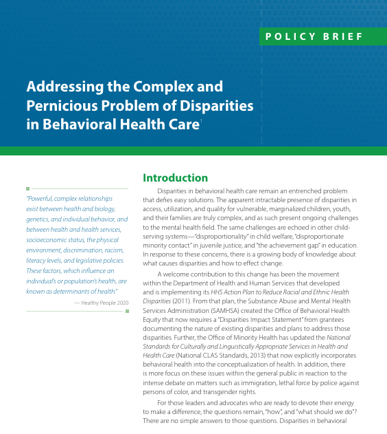 Screenshot of the "Addressing the Complex and Pernicious Problem of Disparities in Behavioral Health Care" resource.