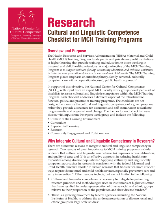 Screenshot of "Research: Cultural and Linguistic Competence Checklist for MCH Training Programs" resource.