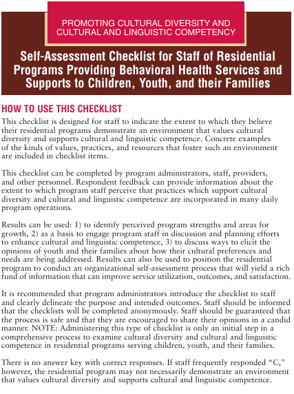 Screenshot for "Promoting Cultural Diversity and Cultural and Linguistic Competency: Self-Assessment Checklist for Staff of Residential Programs Providing Behavioral Health Services and Supports to Children, Youth, and their Families" resource.