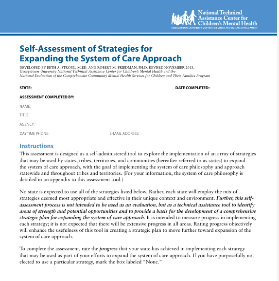 Screenshot of "Self-Assessment of Strategies for Expanding the System of Care Approach" resource.