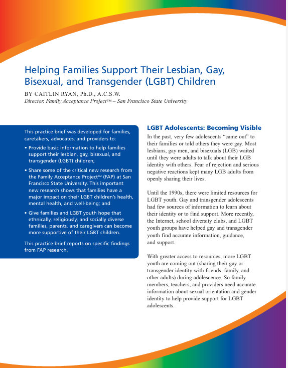 Screenshot for "Helping Families Support Their Lesbian, Gay, Bisexual, and Transgender (LGBT) Children" resource.