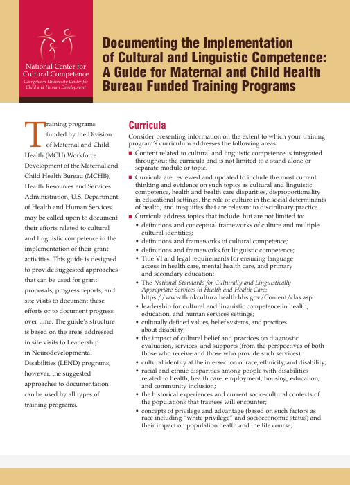 Screenshot for "Documenting the Implementation of Cultural and Linguistic Competence: A Guide for Maternal and Child Health Bureau Funded Training Programs" resource.