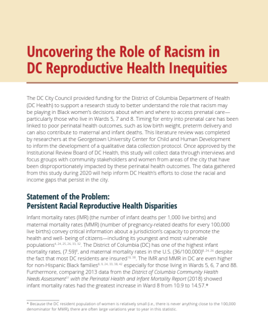 Screenshot of "Uncovering the Role of Racism in DC Reproductive Health Inequities" resource.