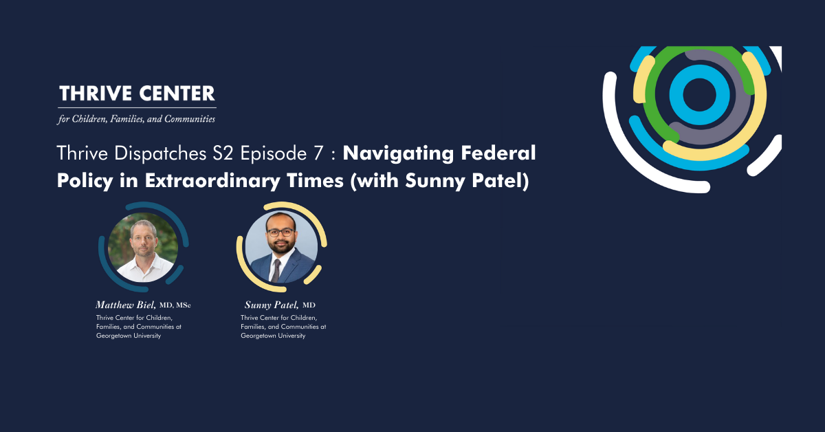 A promotional graphic for Thrive Dispatches Season 2 Episode 7 featuring circular profile photos of Dr. Matthew Biel and Dr. Sunny Patel against a dark blue background with the Thrive Center logo.
