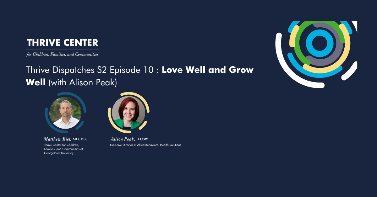 A promotional graphic for the Thrive Center for Children, Families, and Communities podcast episode titled 