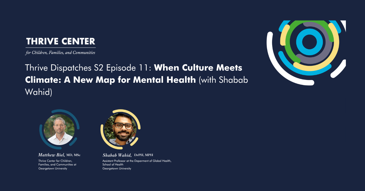 Thrive Dispatches podcast graphic for Season 2, Episode 11, 'When Culture Meets Climate: A New Map for Mental Health,' featuring host Matthew Biel of the Thrive Center at Georgetown University and guest Shabab Wahid, Assistant Professor of Global Health at Georgetown, with headshots of both on a navy background with the Thrive Center logo.