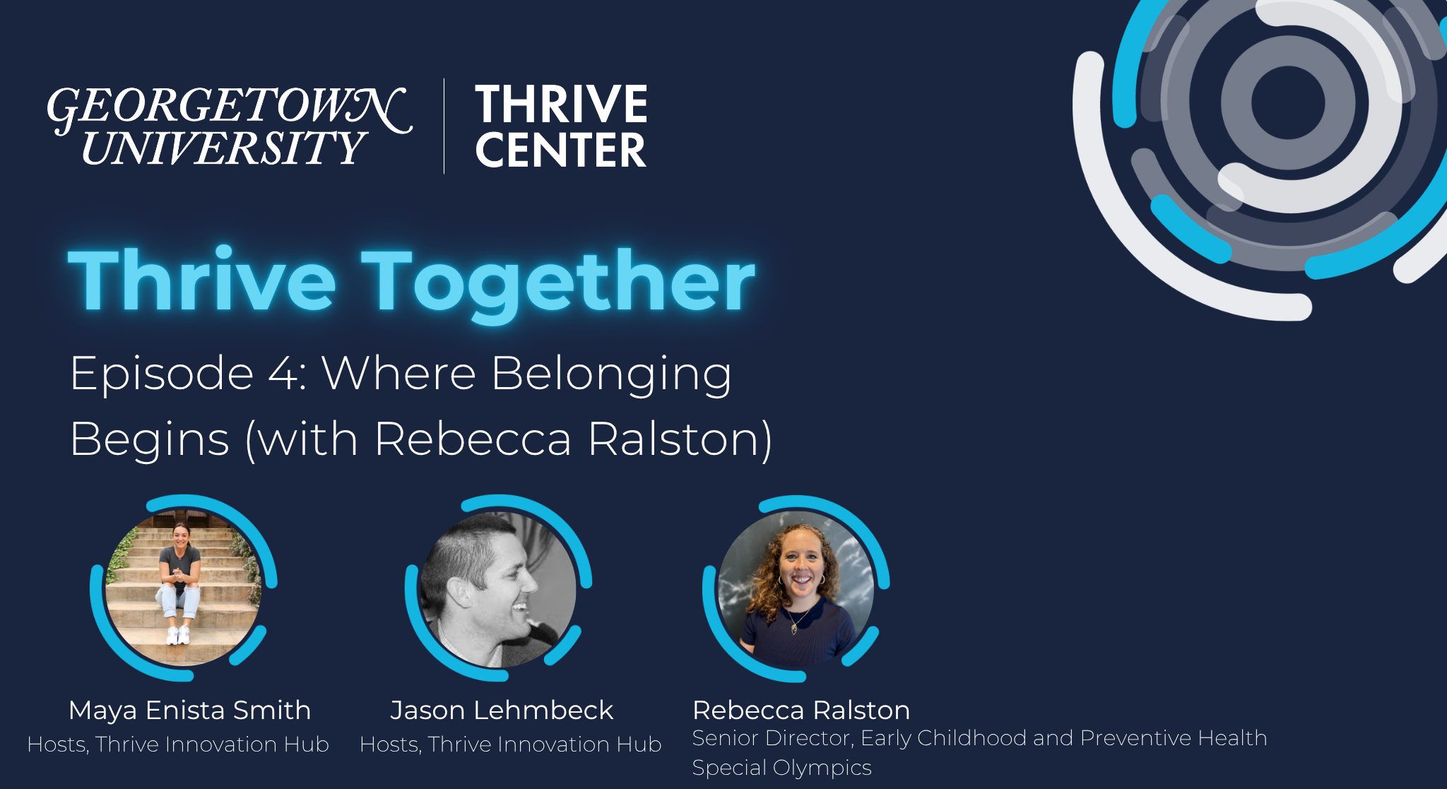Thrive Together podcast graphic on a navy background with headshots of hosts Maya Enista Smith and Jason Lehmbeck alongside guest Rebecca Ralston of Special Olympics.